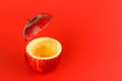 Healthy Red Cut Apple floating top slice juice drink idea concept on red background