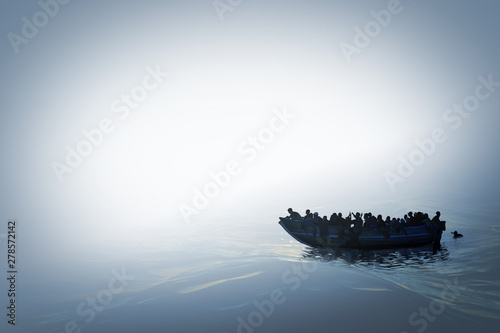 Fotomural Illustration of a refugee boat on the sea in bright misty color and mysterious atmosphere