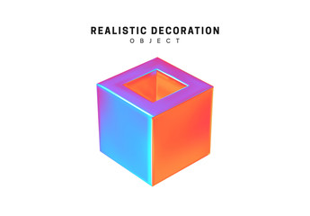 Poster - square and cube. realistic shape 3d objects with gradient holographic color of hologram. decorative 
