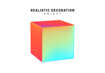 Poster - Square and cube. Realistic shape 3d objects with gradient holographic color of hologram. Decorative design elements isolated on white background. vector illustration