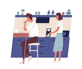Aufkleber - Man sits at table in office kitchen and eats lunch while his colleague uses coffee machine. Daily routine, everyday life of young professional or clerk. Flat cartoon vector illustration.