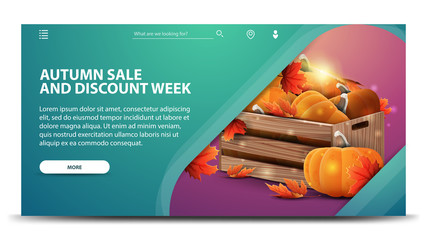 Autumn sale and discount week, modern green web banner for your website with wooden crates of ripe pumpkins and autumn eaves