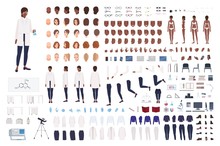 African American Woman Scientist Or Scientific Worker Constructor Set Or DIY Kit. Collection Of Female Body Parts And Lab Equipment Isolated On White Background. Flat Cartoon Vector Illustration.
