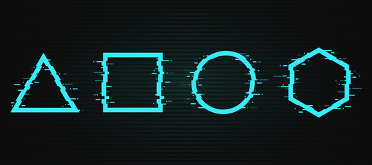 Poster - Vector glitch frames set. Geometric shapes with Tv distortion effect on dark background. Circle, triangle, rhombus and square with vhs noise texture. Applicable for banner design,invitation, poster.