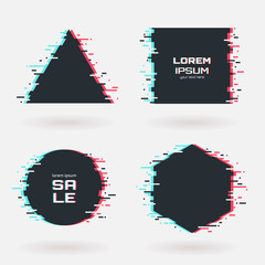Poster - Vector glitch frames set. Geometric shapes with Tv distortion effect. Circle, triangle, rhombus and square with vhs glitch texture. Applicable for banner design,invitation, party flyer etc.