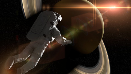 Wall Mural - astronaut in orbit of planet saturn lit by the sunrise
