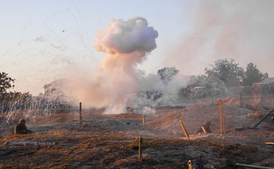 Wall Mural - Explosions of bombs and shells. Reconstruction of the battle of world war II. Battle for Sevastopol. Reconstruction of the battle with explosions.