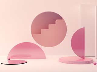 Aufkleber - 3d rendering, abstract cosmetic background. Show a product. Empty scene with cylinder mirror, spheres and podium. Pastel pink minimal wall and stair. Fashion showcase, display case, shopfront. 