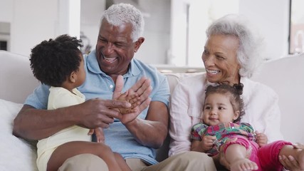 Wall Mural - Grandparents Sitting On Sofa At Home Playing Game With Baby Granddaughters 