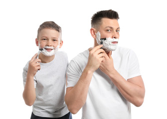 Sticker - Dad shaving and son imitating him on white background