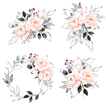 Peonies, Watercolor Pink And Gray Flowers Set. Floral Summer Vintage Collection Isolated On White Background. Hand Drawing. Perfectly For Wedding, Birthday, Party, Other Greetings Design.