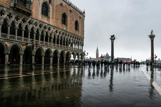 Rain on Saint Marco Square in Venice, Italy. April 2012