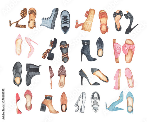 Fotografía Watercolor womens fashion shoes sandals high heels slippers sneakers
