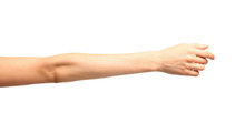 Young Woman Holding Hand On White Background, Closeup
