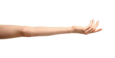 Wall Mural - young woman holding hand on white background, closeup