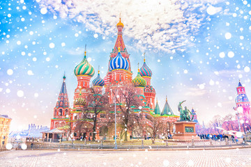 Sticker - Beautiful view of the St. Basil's Cathedral by a snowy winter day on the Red Square in Moscow, Russia.