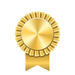 Wall Mural - Award ribbon gold icon. Golden medal design isolated on white background. Symbol of winner celebration, best champion achievement, success trophy seal. Blank rosette element. Vector illustration