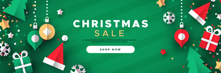 christmas sale banner of paper 3d ornament icons