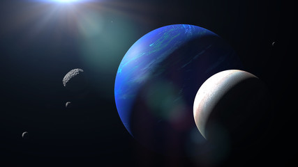 Wall Mural - planet Neptune with its moon Triton and some other moons 