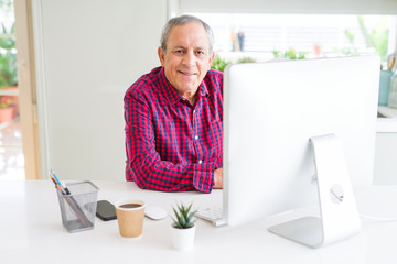 Wall Mural - Handsome senior man working using computer and smiling confident