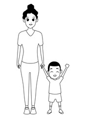 Wall Mural - Single mother with children cartoon in black and white