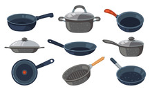 Frying Pan Vector Icons Set. Kitchen Pots And Different Pans Isolated On White Background.