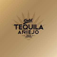 Tequila emblem. Blue Agave Tequila logo. Vintage letters and agave plant on gold background.