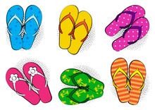 Set Of Summer Colorful Comic Flip Flop With Halftone Shadow In Pop Art Style. Vector Illustration