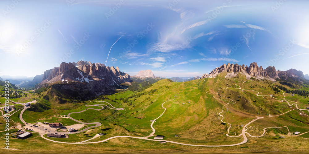 Aerial top 360 degree view to wonderful alpine landscape and meadows at Pass Gardena with majestic Sella mountain group in Dolomiti. Alps, South Tirol, Dolomites mountains, passo di Val Gardena, Italy - obrazy, fototapety, plakaty 