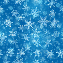 Christmas Seamless Pattern Of Complex Blurred And Clear Falling Snowflakes In Blue Colors With Bokeh Effect