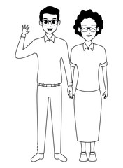 Wall Mural - Family grandmother with adult son cartoon in black and white