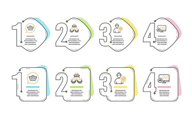 Poster - Shopping cart, Ship and Engineer icons simple set. Report statistics sign. Dreaming of gift, Shipping watercraft, Worker with cogwheel. Graph chart. Business set. Infographic timeline. Vector
