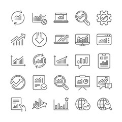 Poster - analytics, statistics line icons. set of report document, chart and graph icons. data analytics, pre