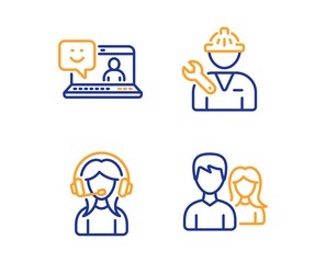 Poster - Support, Smile and Repairman icons simple set. Teamwork sign. Call center, Laptop feedback, Repair service. Man with woman. People set. Linear support icon. Colorful design set. Vector
