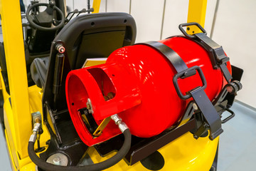 Poster - Gas cylinder on the forklift.  LPG gas for forklift trucks. Equipment for the warehouse. Connection and change gas bottle on a gas forklift. Production and use LPG gas.