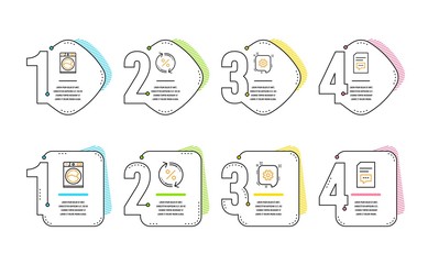 Aufkleber - Cogwheel, Loan percent and Washing machine icons simple set. Comments sign. Engineering, Change rate, Laundry service. Document with speech bubble. Technology set. Infographic timeline. Vector