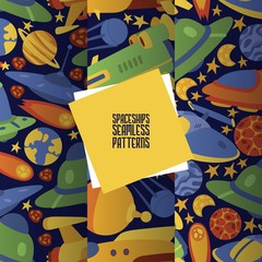 Wall Mural - spaceships in cosmos with planets set of seamless patterns vector illustration. travel to new planet