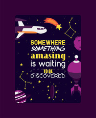 Wall Mural - spaceships in cosmos with planets poster vector illustration. travel to new planets and galaxies. sp