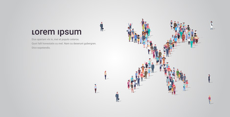 Poster - people crowd gathering in wrench and hammer shape social media community repair tools service concept different occupation employees group standing together horizontal copy space full length
