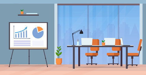 conference table with laptops and chairs empty nobody meeting room modern company boardroom office interior with flip chart corporate team briefings concept flat horizontal