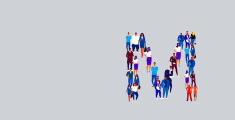 business people crowd forming shape letter M different men women businesspeople group standing together English alphabet concept full length horizontal