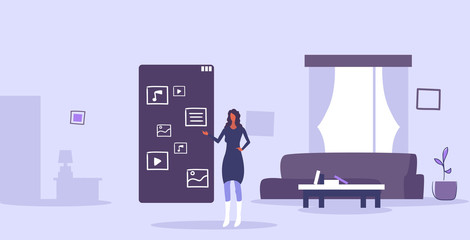 Poster - woman using touchscreen smartphone with application icons mobile apps user interface concept modern 