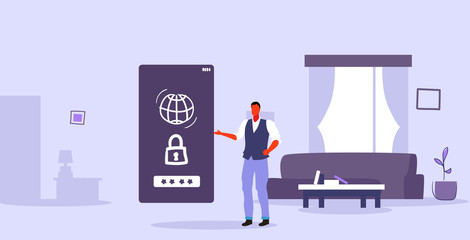 Poster - businessman using protected smartphone with padlock personal information online login password privacy data access concept modern living room interior horizontal full length