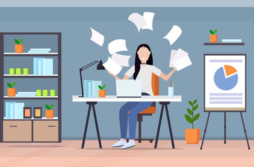 tired businesswoman throwing papers unsatisfied business woman feeling stress negative emotion problem failed project concept modern office interior flat full length horizontal