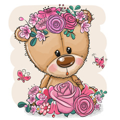 Wall Mural - cartoon bear with flowers on a white background