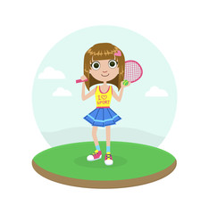 Wall Mural - Cute Young Girl Tennis Player with Racket Vector Illustration