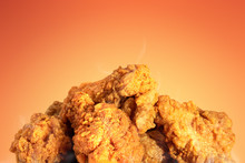Fried Chicken Or Crispy Kentucky On Hot Background. Delicious Hot Meal With Fast Food.