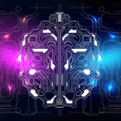 Poster - Brain Futuristic Element Circuit Board With Encoder And Decoder Binary Code Vector Background. Virtual Blue Purple Versus Abstract AI Brainstorm  Digital Data Security Technology Illustration.