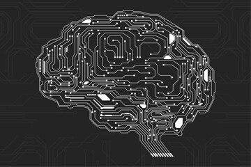 Fototapete - Brain Futuristic Element Circuit Board With Encoder And Decoder Binary Code Vector Background. Virtual Grayscale Abstract AI Brainstorm  Digital Data Security Technology Illustration.