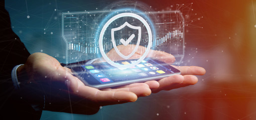 Poster - Man holding a Shield web security concept 3d rendering